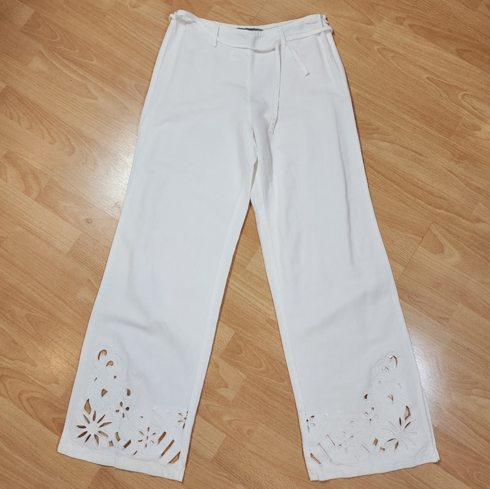 South Linen-Blend White Pants Eyelet Cutout Floral Split Hem‎ Size 6/8